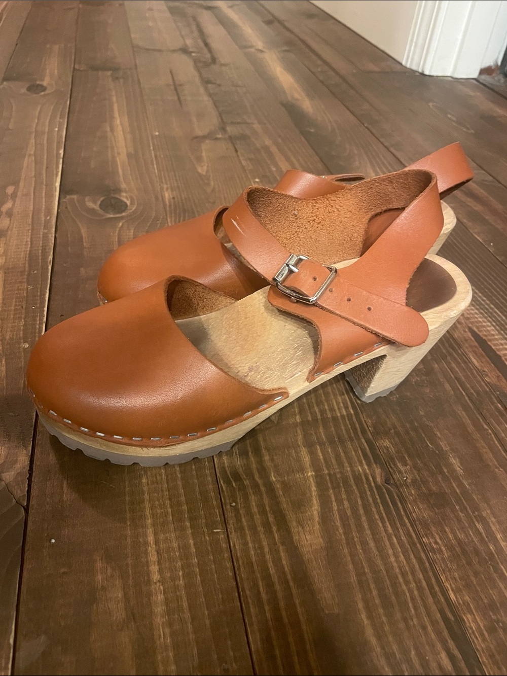 MIA Cognac Leather Clog Sandals with Buckle